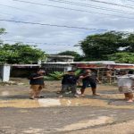 Warga saat tanam pohon pisang di jalan menuju Kantor Kecamatan Bolo