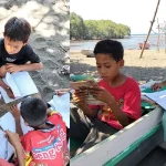 Siswa SDN Sowa Kecamatan Soromandi membaca buku di pinggir pantai saat kegiatan Komunitas Sekolah setempat.