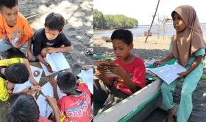 Siswa SDN Sowa Kecamatan Soromandi membaca buku di pinggir pantai saat kegiatan Komunitas Sekolah setempat. Siswa SDN Sowa Kecamatan Soromandi membaca buku di pinggir pantai saat kegiatan Komunitas Sekolah setempat.