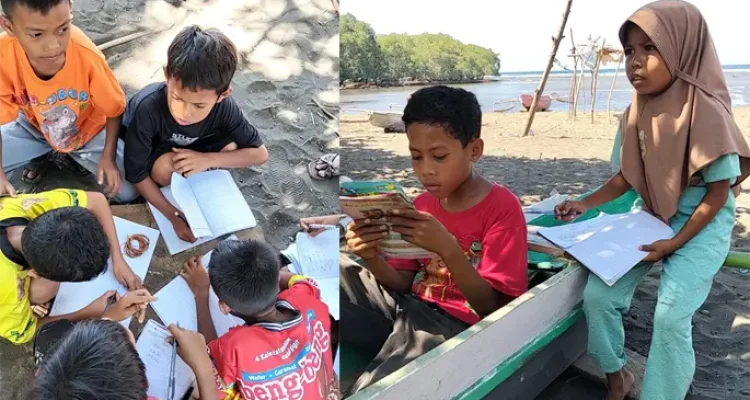 Siswa SDN Sowa Kecamatan Soromandi membaca buku di pinggir pantai saat kegiatan Komunitas Sekolah setempat. Siswa SDN Sowa Kecamatan Soromandi membaca buku di pinggir pantai saat kegiatan Komunitas Sekolah setempat.